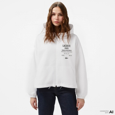  Lacoste Cropped Up Zip Kadın Beyaz Hoodie