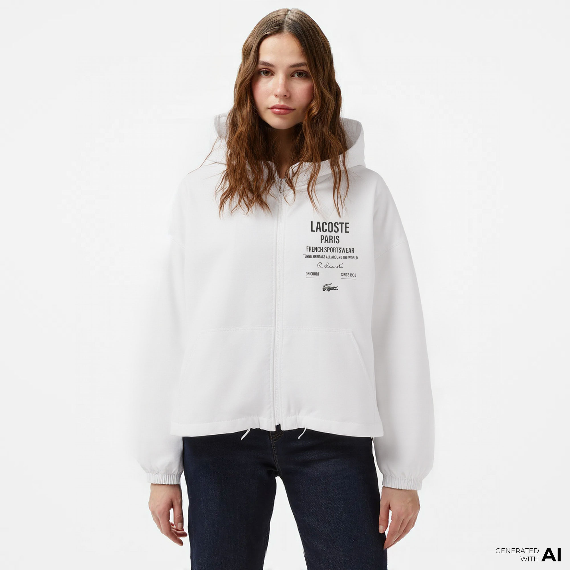  Lacoste Cropped Up Zip Kadın Beyaz Ceket