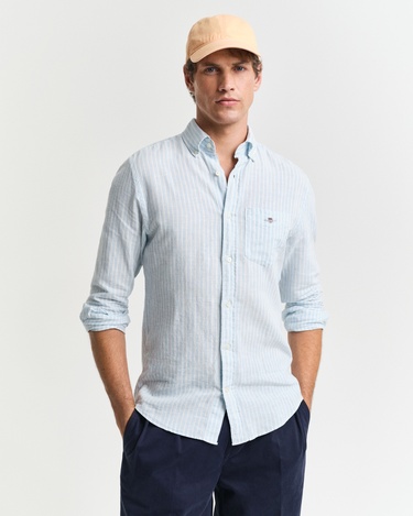  GANT Erkek Mavi Regular Fit Düğmeli Yaka Çizgili Keten Gömlek