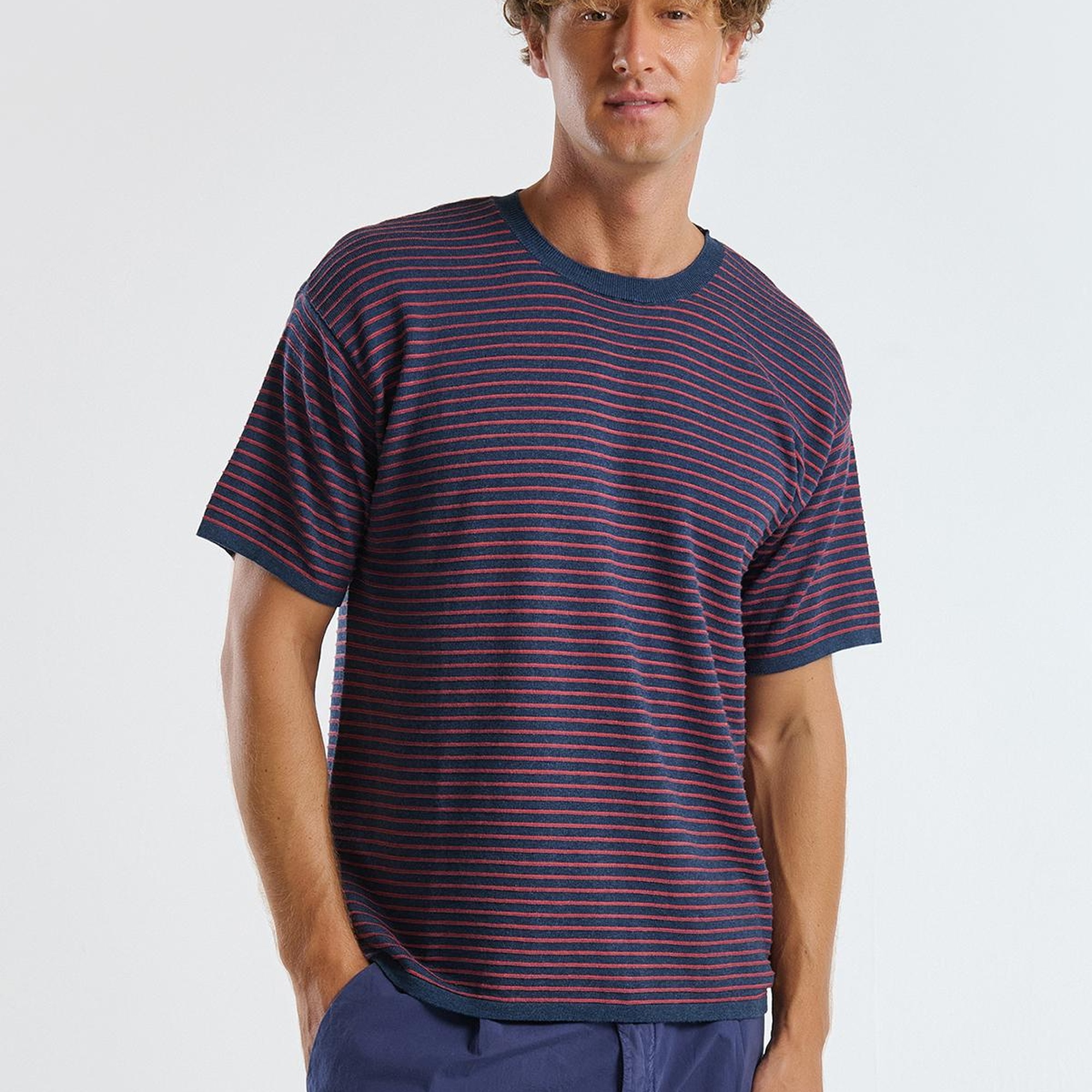 Erkek Lacivert Mix %100 Koton Kısa Kollu Çizgili Rahat Kesim Kazak