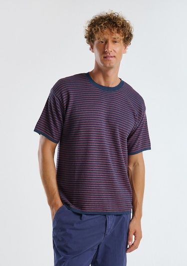  Erkek Lacivert Mix %100 Koton Kısa Kollu Çizgili Rahat Kesim Kazak