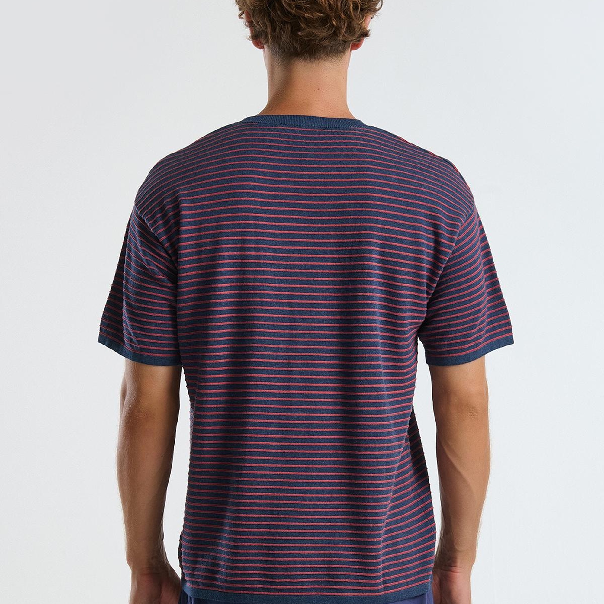 Erkek Lacivert Mix %100 Koton Kısa Kollu Çizgili Rahat Kesim Kazak