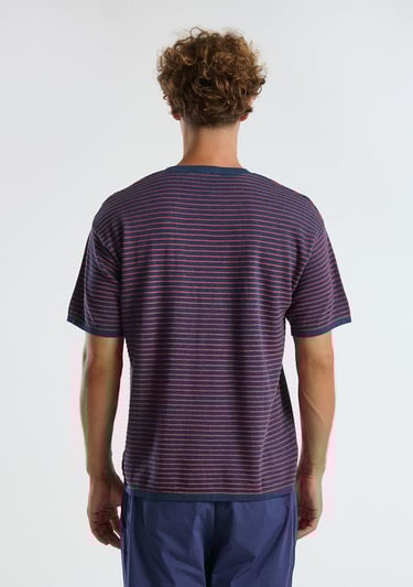  Erkek Lacivert Mix %100 Koton Kısa Kollu Çizgili Rahat Kesim Kazak