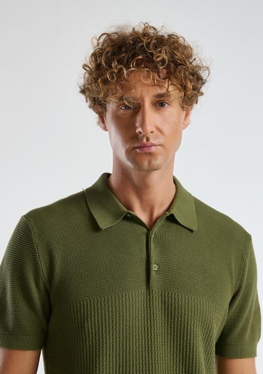  Erkek Haki %100 Koton Regular Fit Triko Polo Yaka  Kazak