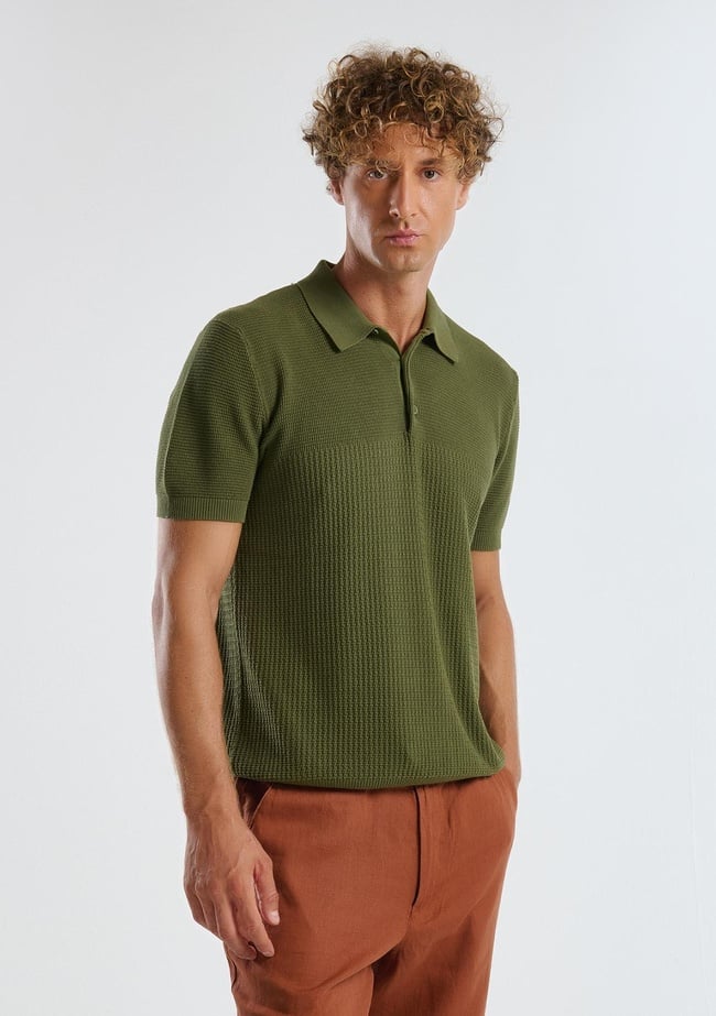  Erkek Haki %100 Koton Regular Fit Triko Polo Yaka  Kazak