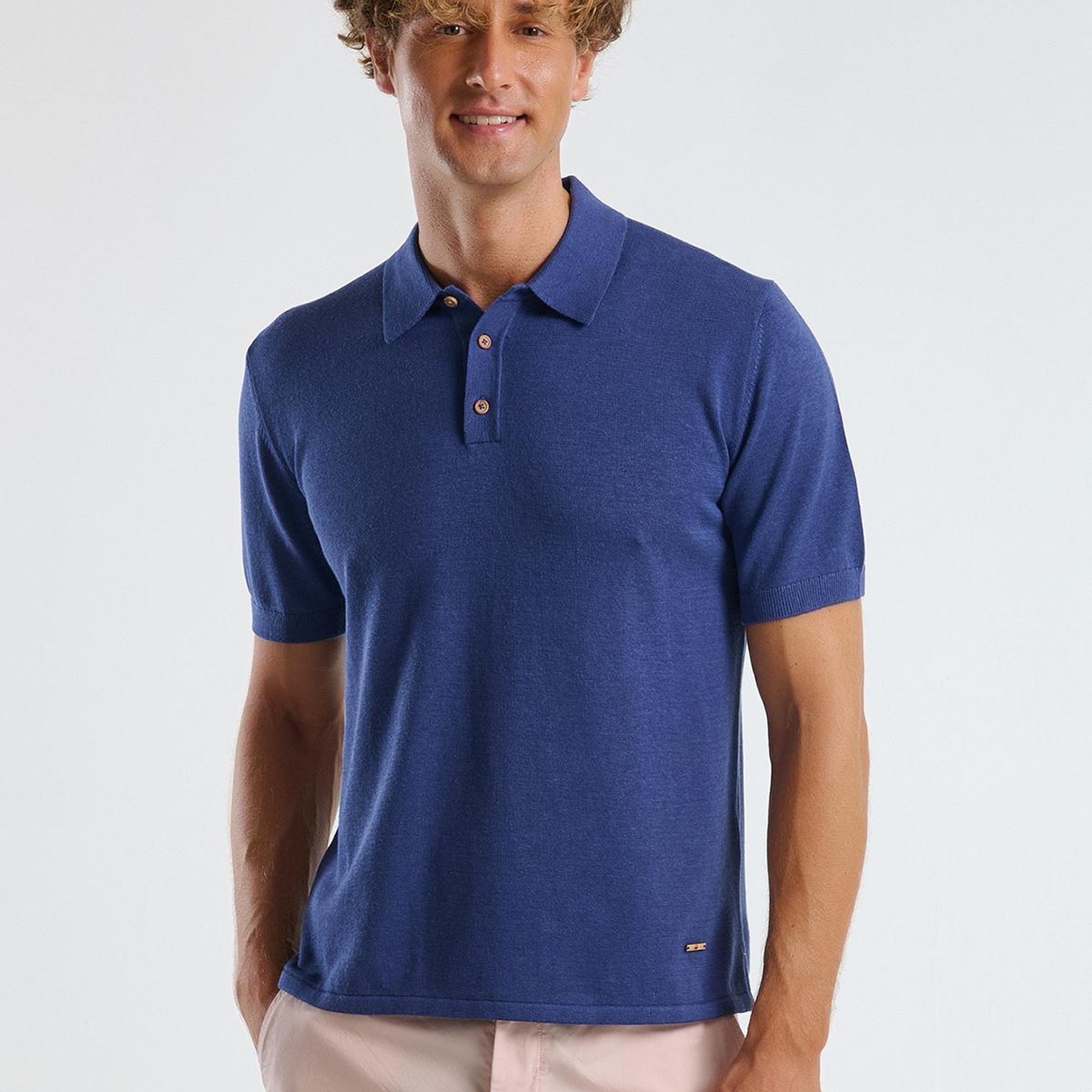 Erkek Lavanta Mavisi Kenevir Karışımlı Regular Fit Triko Polo Yaka Kısa Kollu Kazak