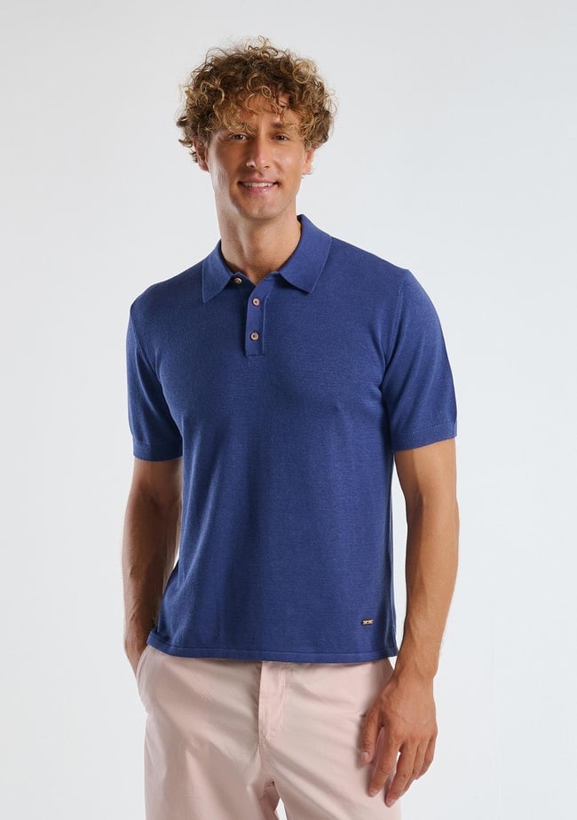  Erkek Lavanta Mavisi Kenevir Karışımlı Regular Fit Triko Polo Yaka Kısa Kollu Kazak