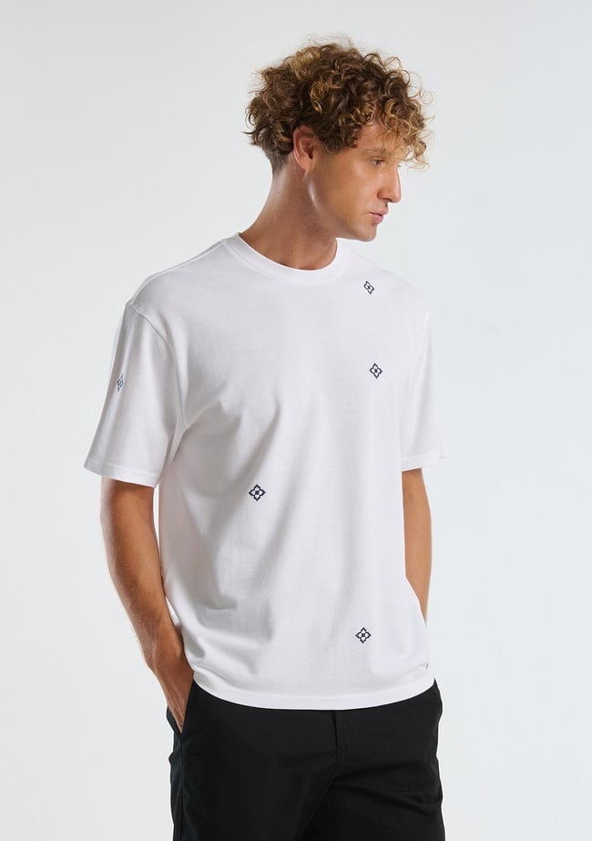  Erkek Beyaz %100 Koton Desenli Pike T-Shirt