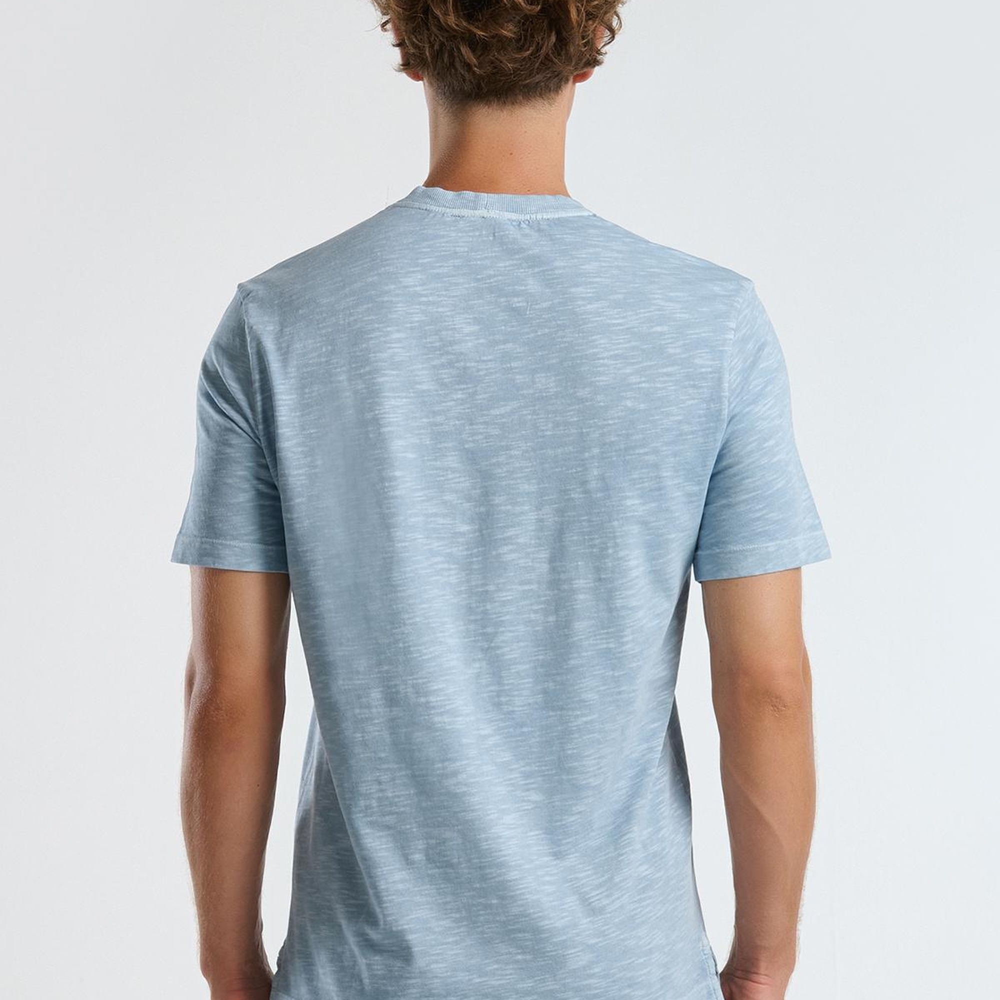 Erkek Açık Mavi %100 Koton Bisiklet Yaka Slub T-Shirt