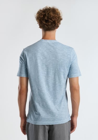  Erkek Açık Mavi %100 Koton Bisiklet Yaka Slub T-Shirt