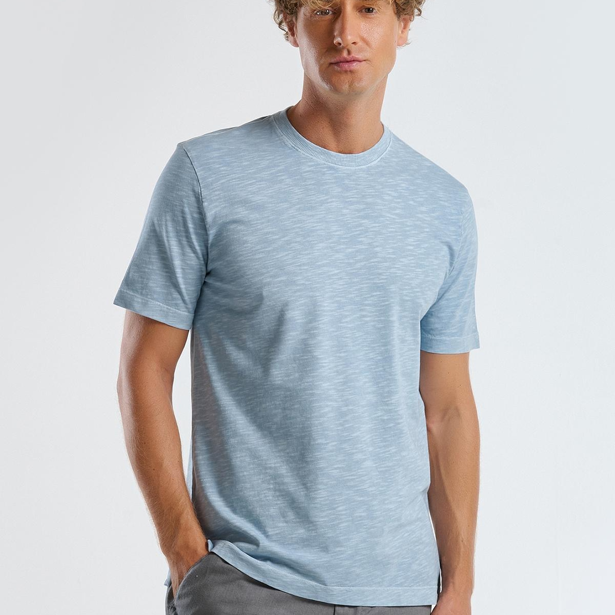 Erkek Açık Mavi %100 Koton Bisiklet Yaka Slub T-Shirt