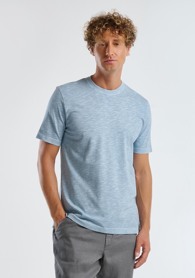  Erkek Açık Mavi %100 Koton Bisiklet Yaka Slub T-Shirt