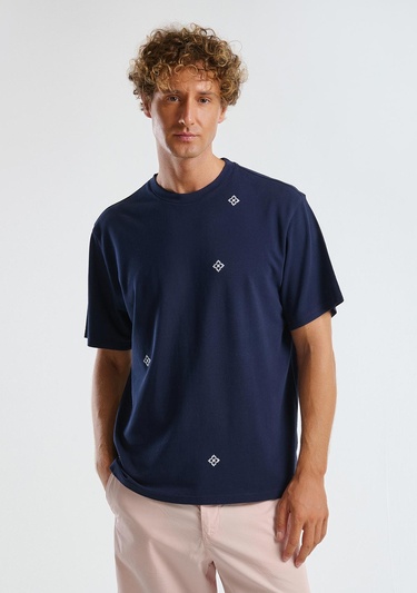  Erkek Lacivert %100 Koton Desenli Pike T-Shirt