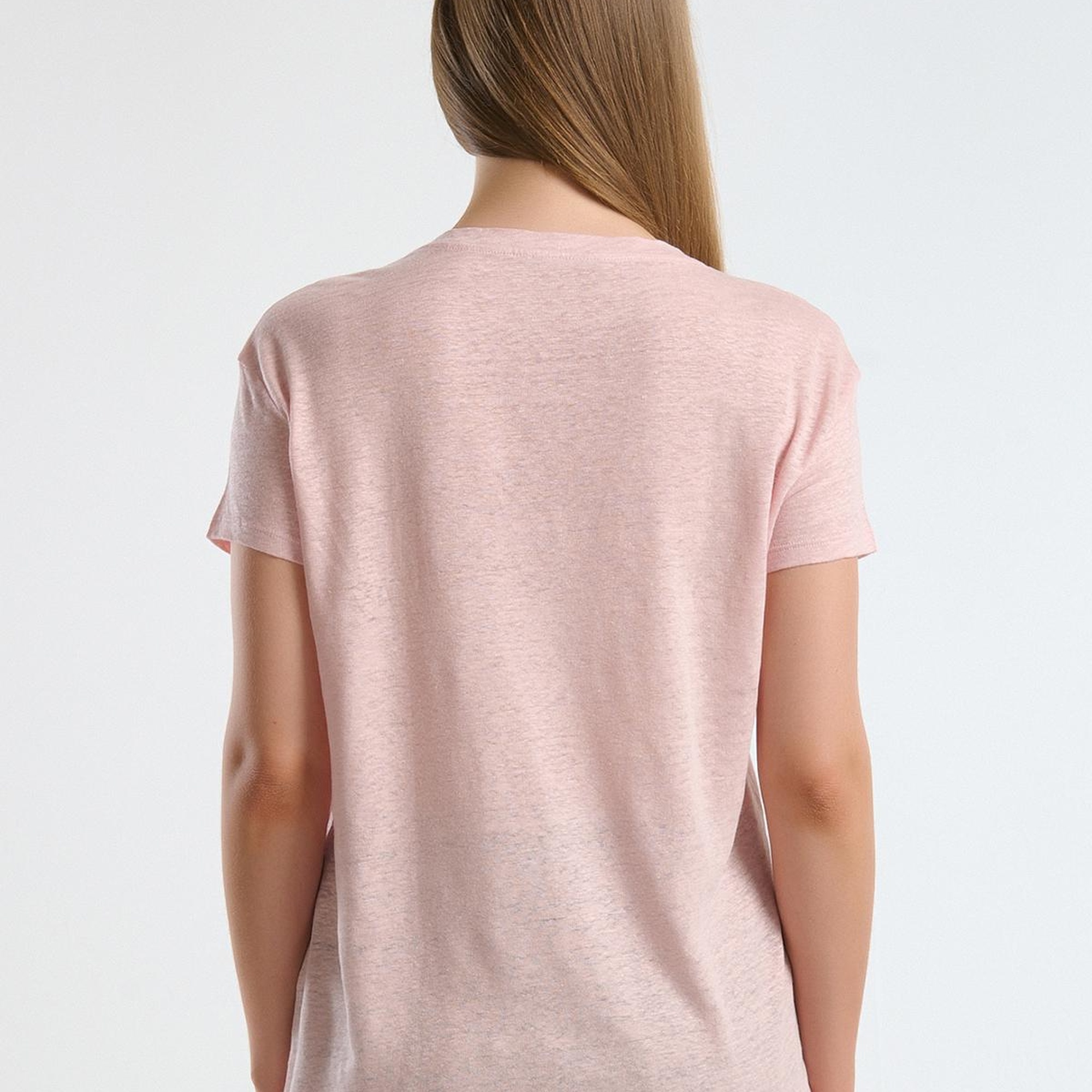 Kadın Pembe %100 Keten Düşük Omuzlu Relax Fit V Yaka T-Shirt