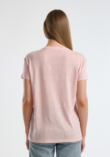  Kadın Pembe %100 Keten Düşük Omuzlu Relax Fit V Yaka T-Shirt
