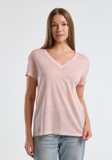  Kadın Pembe %100 Keten Düşük Omuzlu Relax Fit V Yaka T-Shirt