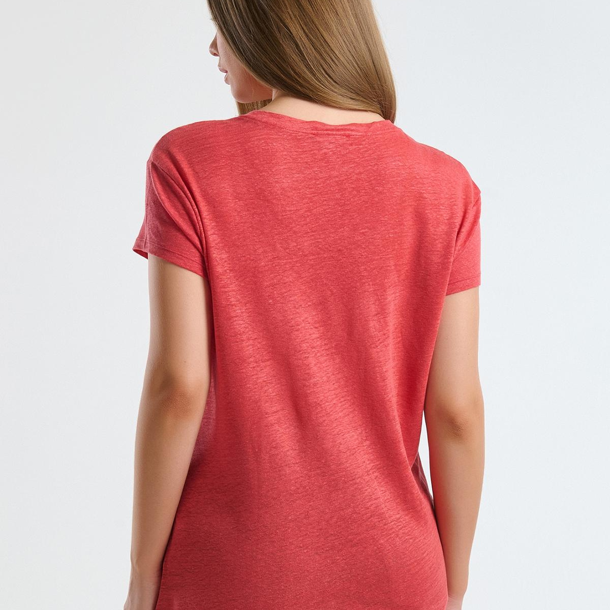 Kadın Mercan %100 Keten Düşük Omuzlu Relax Fit V Yaka T-Shirt