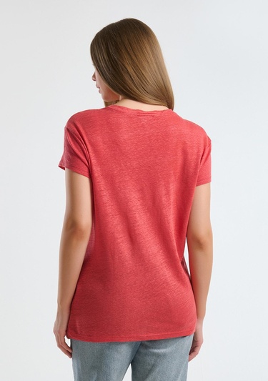  Kadın Mercan %100 Keten Düşük Omuzlu Relax Fit V Yaka T-Shirt