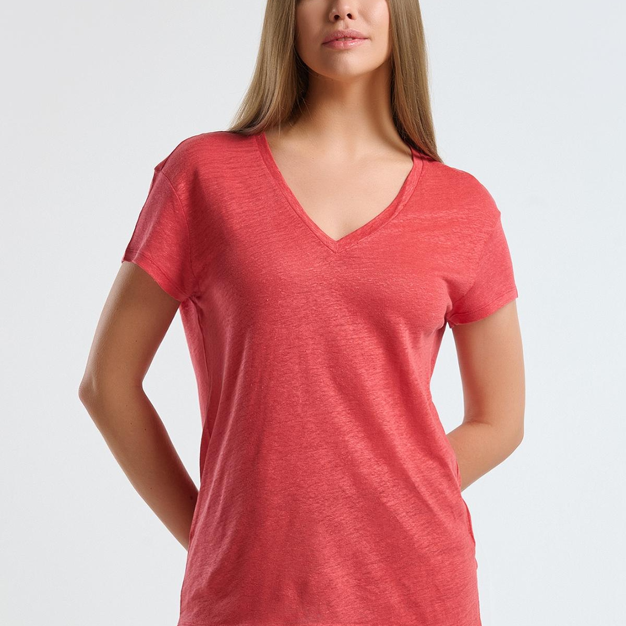 Kadın Mercan %100 Keten Düşük Omuzlu Relax Fit V Yaka T-Shirt