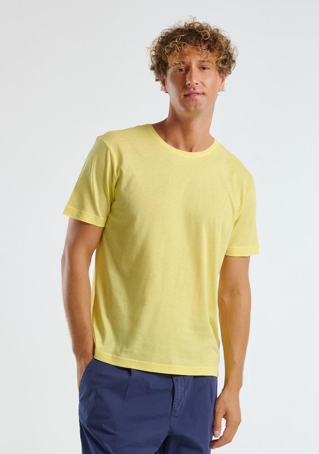  Erkek Sarı %100 Koton Bisiklet Yaka T-Shirt