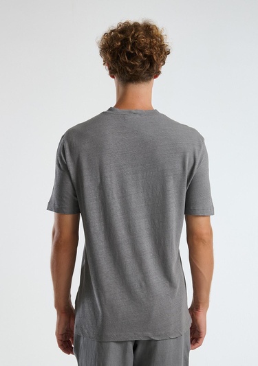  Erkek Gri Keten Karışımlı Regular Fit  T-Shirt