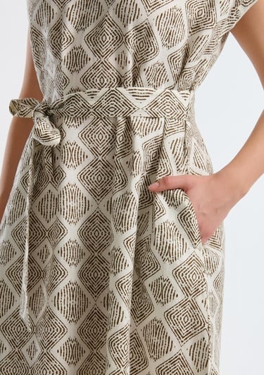  Kadın Beyaz Mix %100 Keten Desenli V Yaka Cepli Uzun Elbise