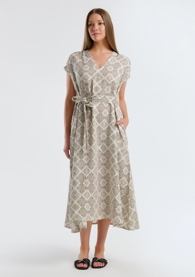  Kadın Beyaz Mix %100 Keten Desenli V Yaka Cepli Uzun Elbise