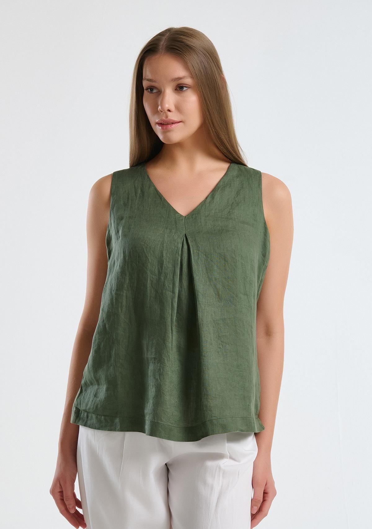  Kadın Haki %100 Keten V Yaka Kolsuz Geniş Kesim Bluz