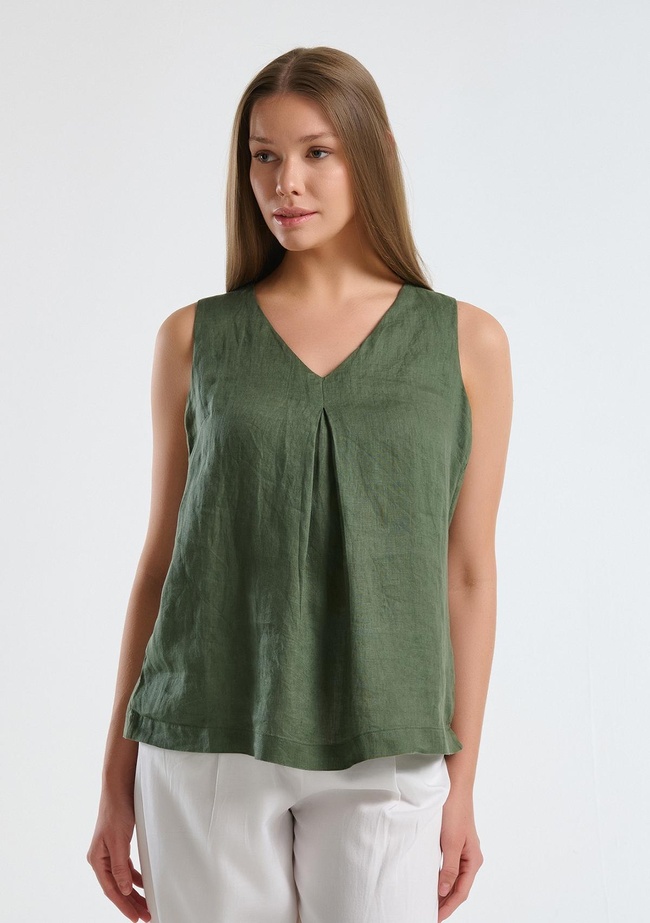  Kadın Haki %100 Keten V Yaka Kolsuz Geniş Kesim Bluz