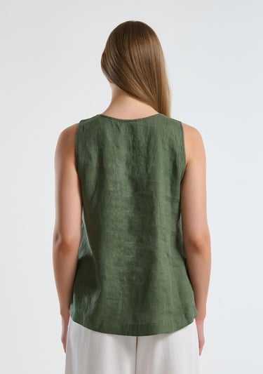 Kadın Haki %100 Keten V Yaka Kolsuz Geniş Kesim Bluz