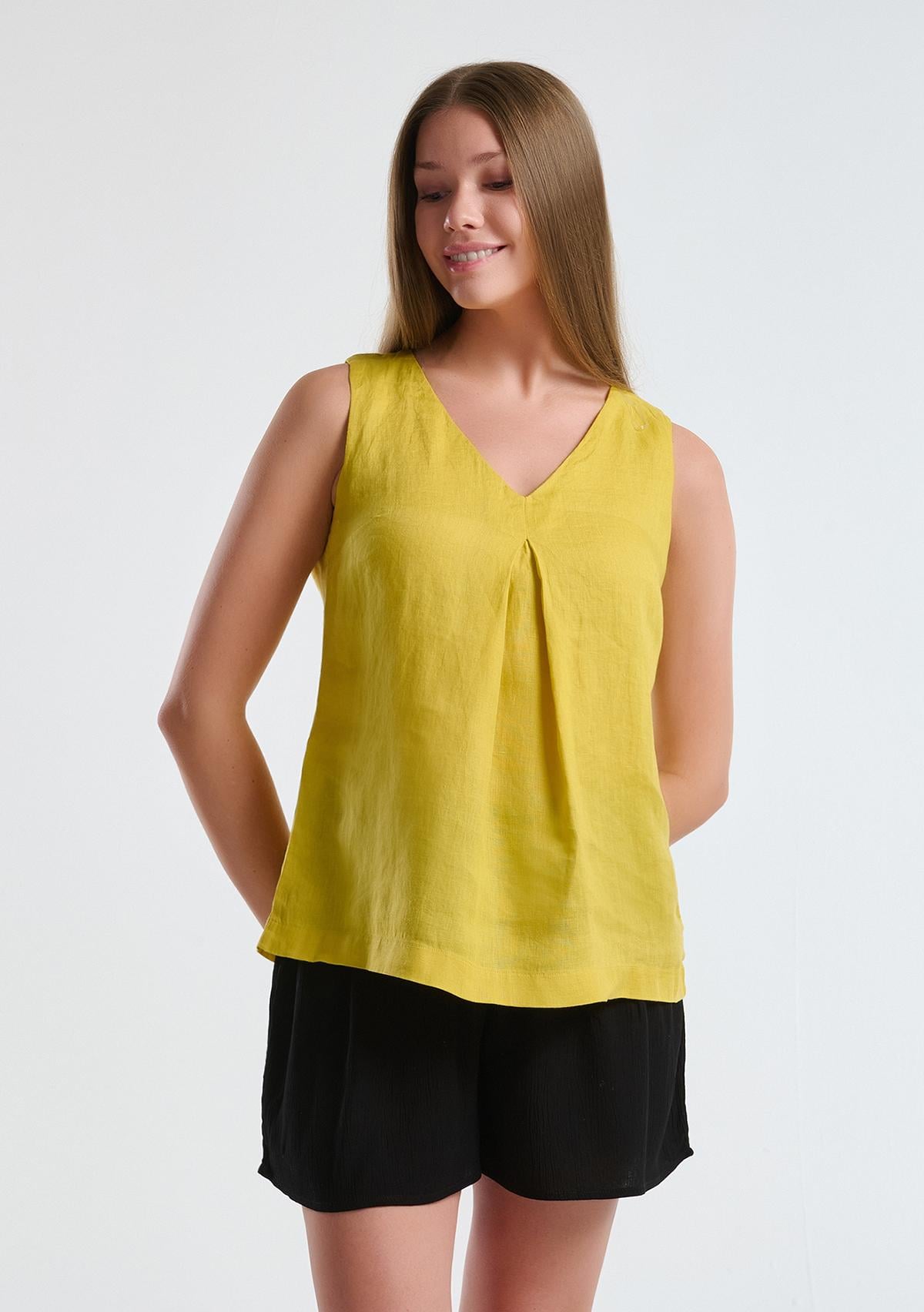  Kadın Sarı %100 Keten V Yaka Kolsuz Geniş Kesim Bluz