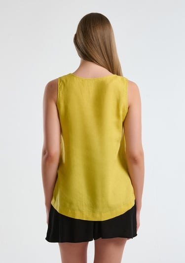 Kadın Sarı %100 Keten V Yaka Kolsuz Geniş Kesim Bluz