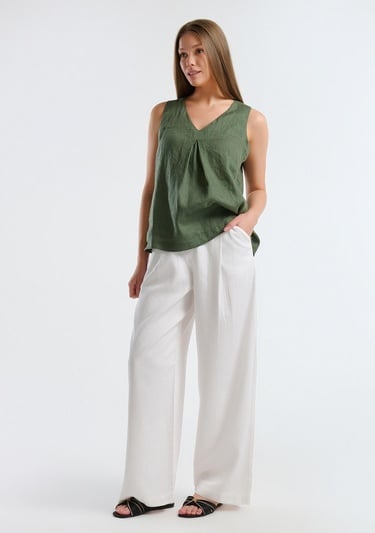  Kadın Beyaz Liyosel Karışımlı Beli Lastikli Geniş Paça Pantolon