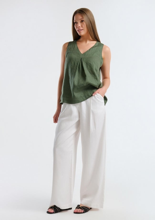  Kadın Beyaz Liyosel Karışımlı Beli Lastikli Geniş Paça Pantolon