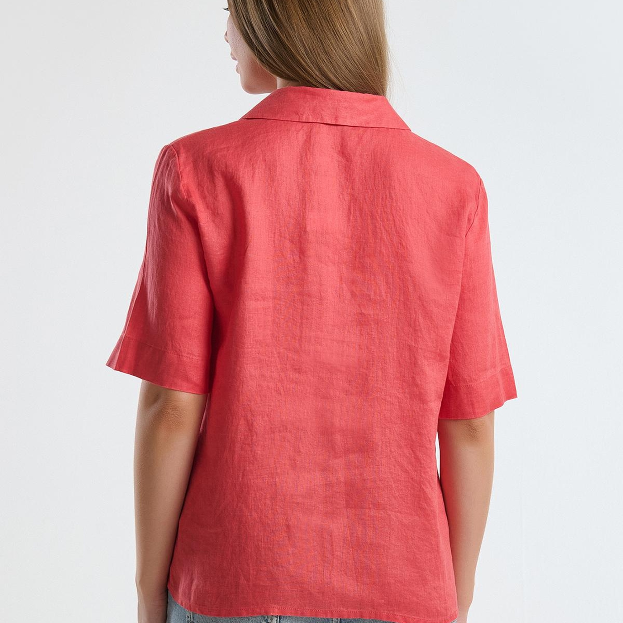 Kadın Mercan %100 Keten Relax Fit V Gömlek Yakalı Kısa Kollu Bluz