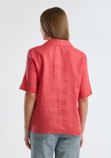  Kadın Mercan %100 Keten Relax Fit V Gömlek Yakalı Kısa Kollu Bluz