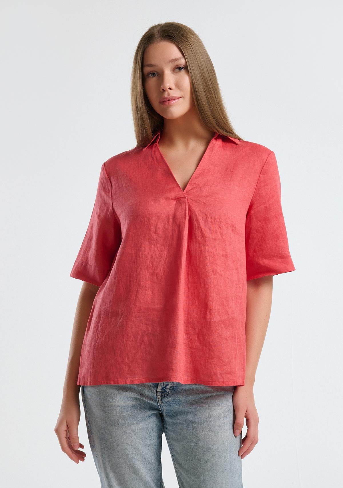  Kadın Mercan %100 Keten Relax Fit V Gömlek Yakalı Kısa Kollu Bluz