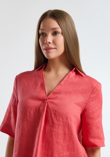  Kadın Mercan %100 Keten Relax Fit V Gömlek Yakalı Kısa Kollu Bluz