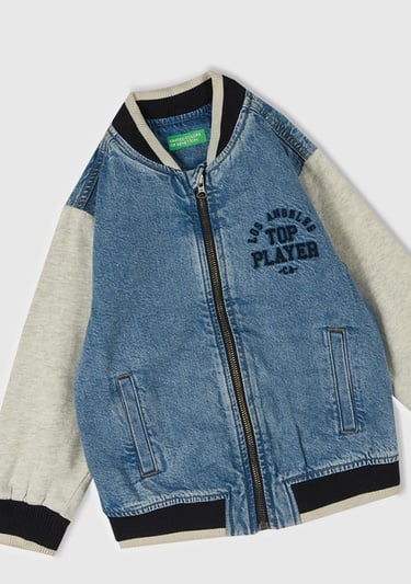  Erkek Çocuk Denim Önü Baskılı Denim Bomber Ceket