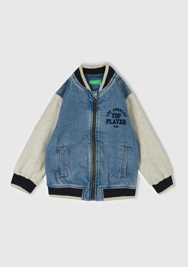  Erkek Çocuk Denim Önü Baskılı Denim Bomber Ceket