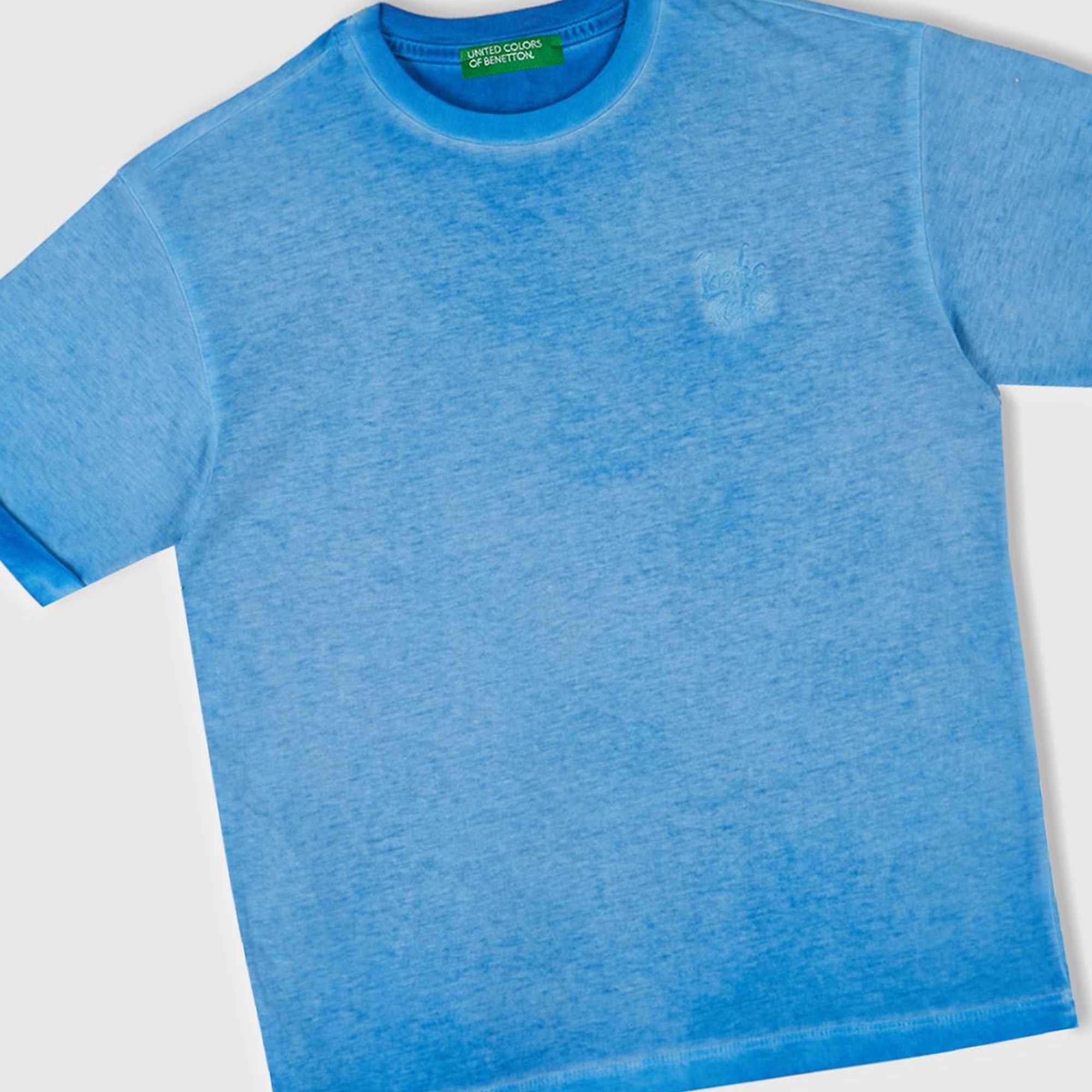 Erkek Çocuk Saks Mavi Soluk Efektli Logo İşlemeli Oversize T-Shirt