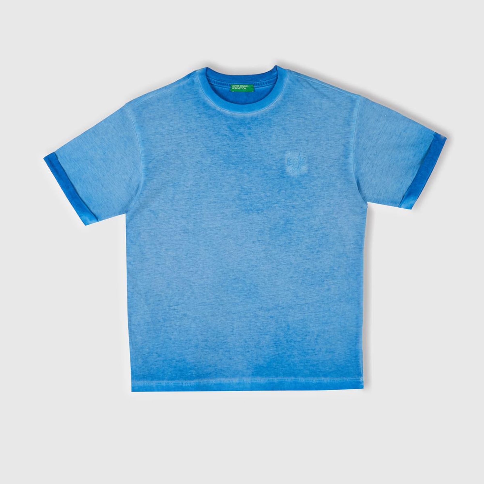 Erkek Çocuk Saks Mavi Soluk Efektli Logo İşlemeli Oversize T-Shirt