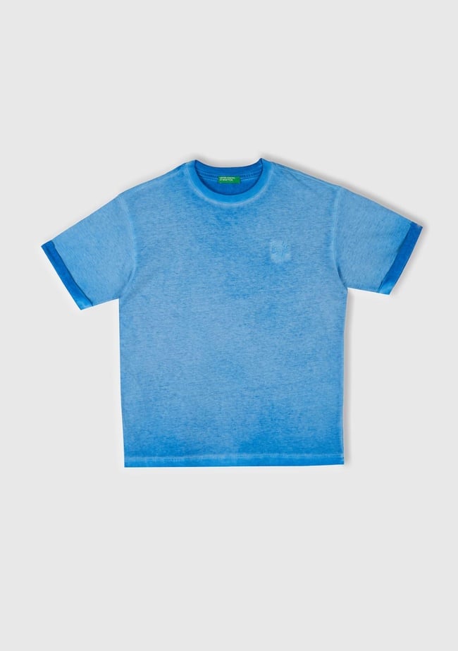  Erkek Çocuk Saks Mavi Soluk Efektli Logo İşlemeli Oversize T-Shirt