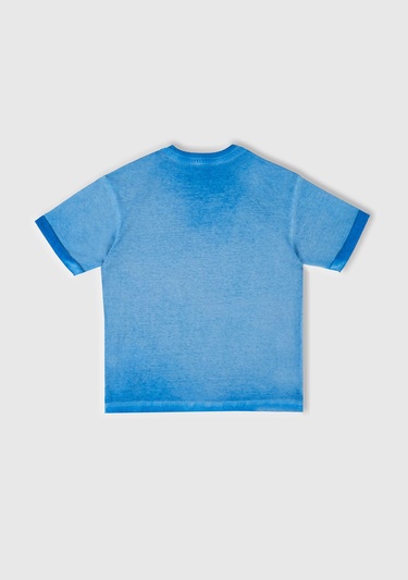  Erkek Çocuk Saks Mavi Soluk Efektli Logo İşlemeli Oversize T-Shirt