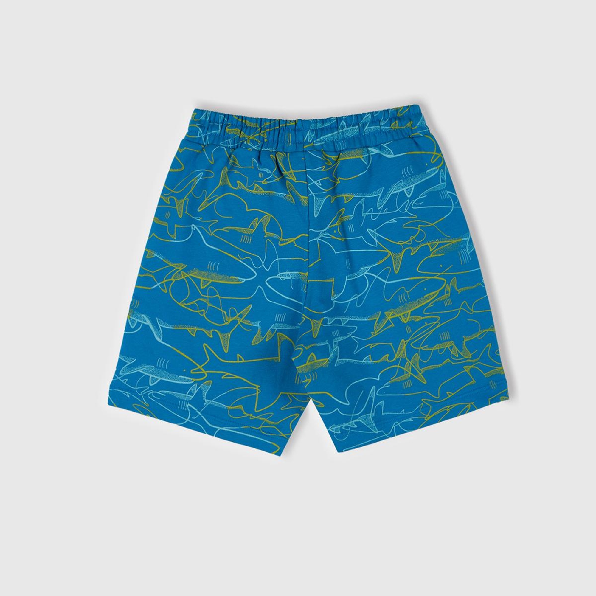 Erkek Çocuk Saks Mavi Tamamı Desenli Beli İpli Cepli Bermuda Şort