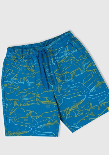  Erkek Çocuk Saks Mavi Tamamı Desenli Beli İpli Cepli Bermuda Şort