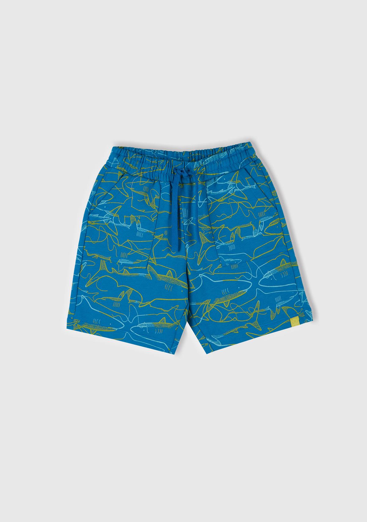  Erkek Çocuk Saks Mavi Tamamı Desenli Beli İpli Cepli Bermuda Şort