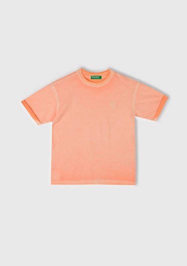  Erkek Çocuk Turuncu Soluk Efektli Logo İşlemeli Oversize T-Shirt