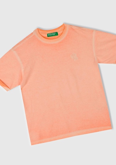  Erkek Çocuk Turuncu Soluk Efektli Logo İşlemeli Oversize T-Shirt