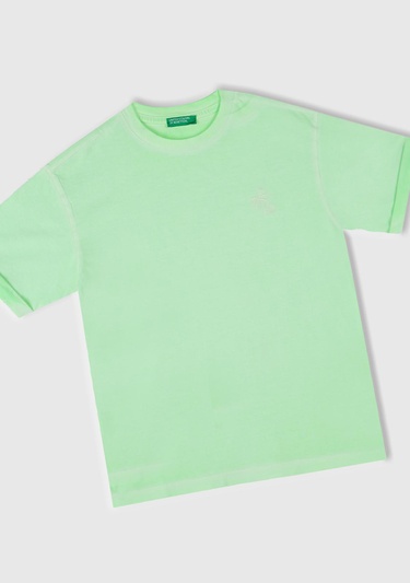  Erkek Çocuk Açık Yeşil Soluk Efektli Logo İşlemeli Oversize T-Shirt